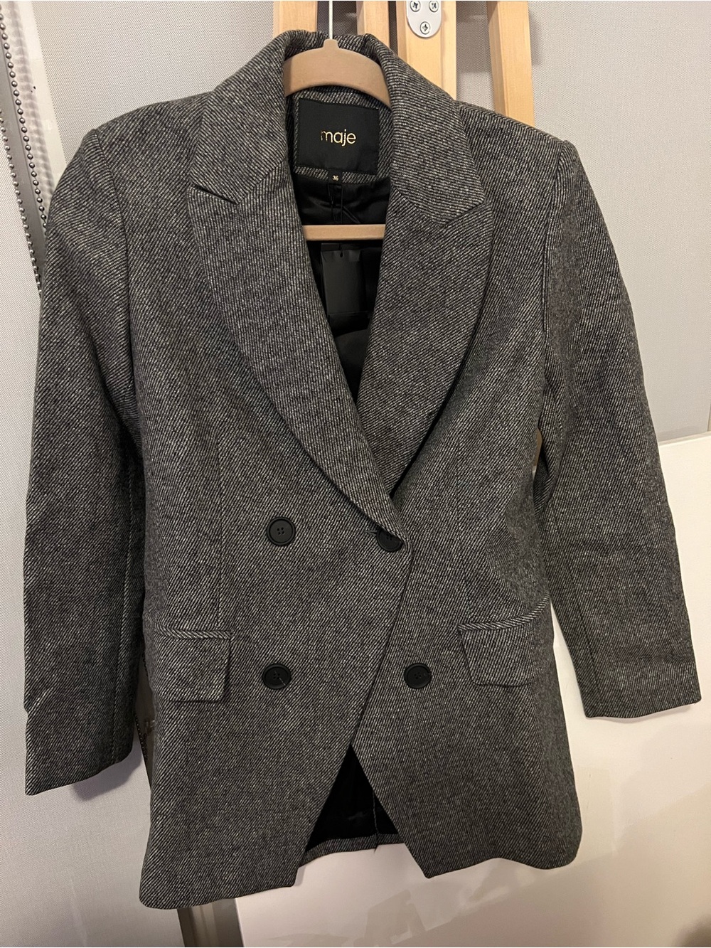 Maje Gray Double-Breasted Herringbone Blazer